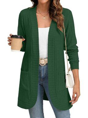 Women's Dark Green Long Sleeve Open Front With Pockets Soft Cardigan Sweaters